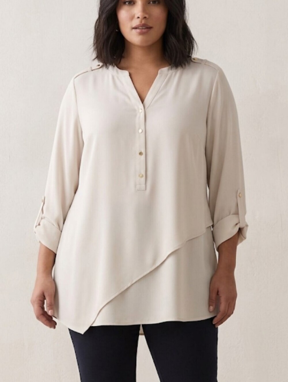 ND Light Beige Button-Front Flowy Tunic Blouse Oversized 2X Contemporary Granola